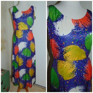 Vintage 50s/60s Blue Green Multi Colored Floral Party Maxi Wiggle Dress Size M